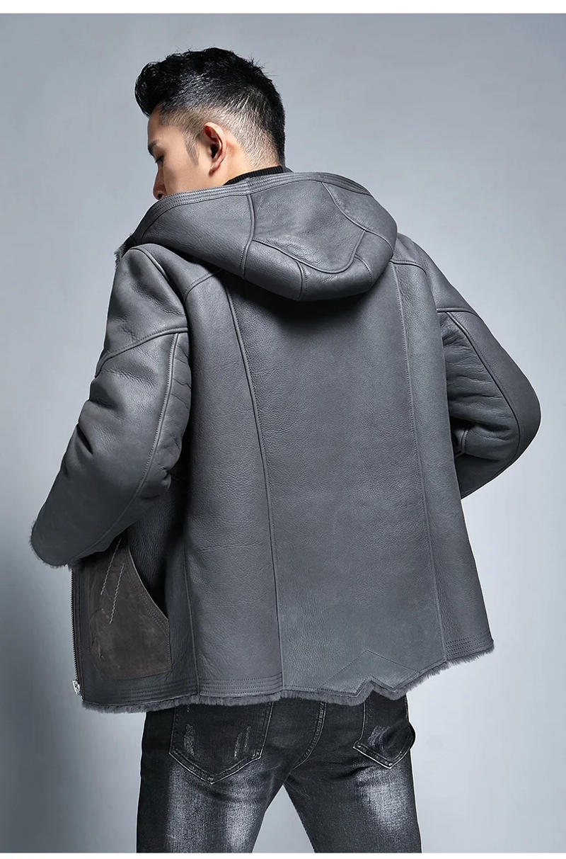 Description Picture 6 of itemNew Arrival Hooded Color Contrast Genuine Leather Jacket Men Winter Casual Loose Real Sheepskin Fur Coat Warm Outdoor Overcoat