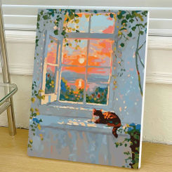 Digital Oil Painting Landscape Window DIY Paint By Number Kits Cat Sunset Drawing Picture Artcraft On Canvas Home Decor Gift