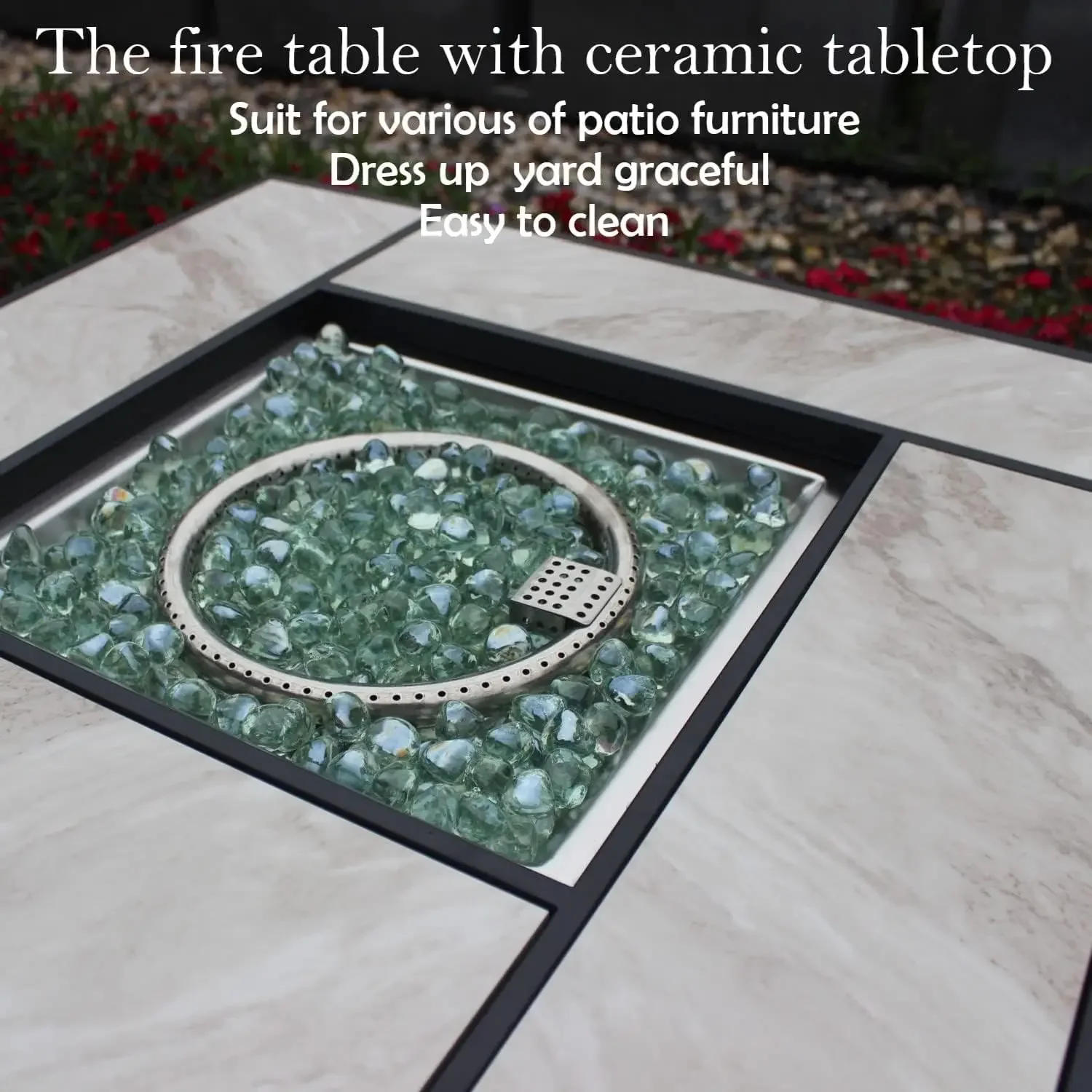 Description Picture 5 of item30" Propane Fire Pit with Real Ceramic Tabletop, 50000 BTU Gas Fire Pit Table with Lid&Glass Rock, Outdoor Fire Pit table
