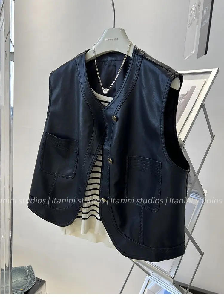 Description Picture 5 of itemNeploe Simple Loose Commuter Patchwork Korea Chic Vest Leather Streetwear Goth Y2K Coat Moto Sleeveless Button Cute Moda Tank
