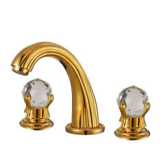 Luxurious Widespread Double Crystal Gold Finis3 Holes Bathroom Faucets Solid Brass WasBasin Mixer Taps Deck Mounted