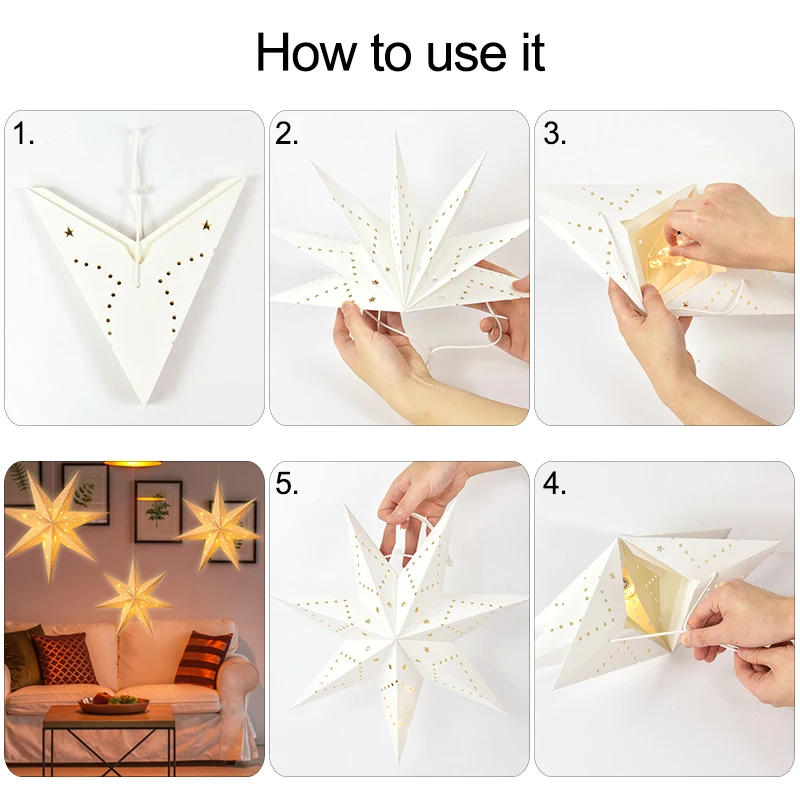 Description Picture 3 of item30-60cm Hollow Out Star Hanging Pendant Ornament LED Light 3D Star Paper Lantern Home Decoration Wedding Party Lampshade Decor