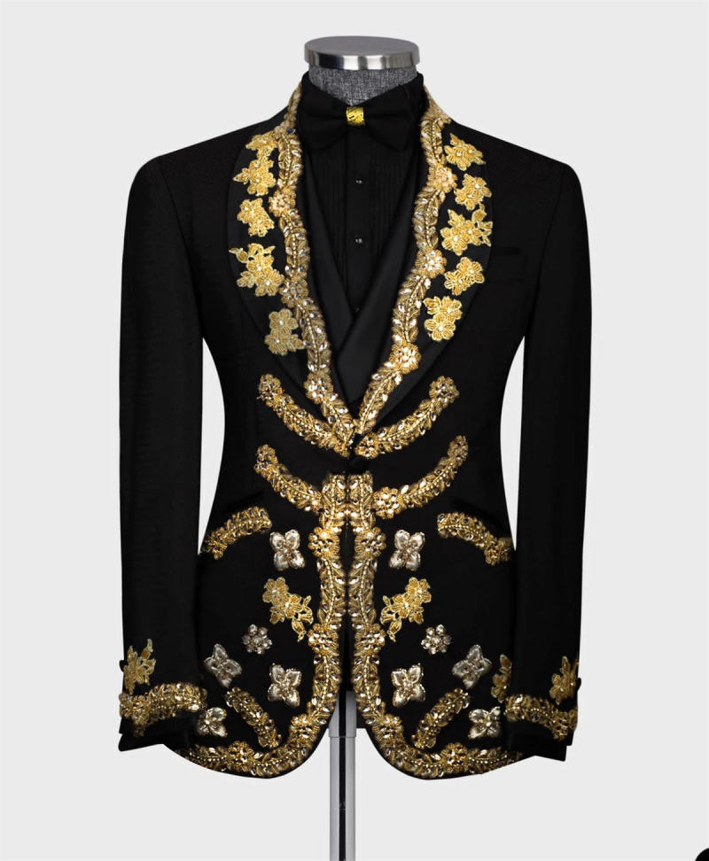 Description Picture 3 of itemLuxury Men's Suits Tailored 2 Pieces Blazer Pants One Button Wedding Sheer Lapel Gold Appliques Diamonds Custom Made Plus Size