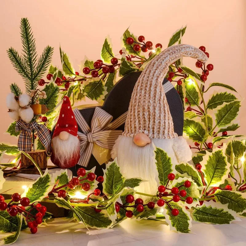 Description Picture 5 of itemArtificial Holly Leaves Vine Garland with Light Strings Red Berries Wreath Hanging Ornament for DIY Xmas Tree Home Party Decors