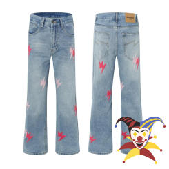 Pink Black Red Lightning PATCH Straight Leg Jeans Pants Men Women Joggers Trousers