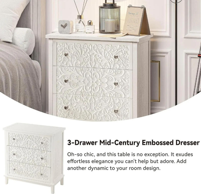 Description Picture 5 of item3-Drawer Fully-Assembled Flower Motif Dresser Set of 2 Nightstand for French Country Farmhouse Modern Rustic Style White-Washed