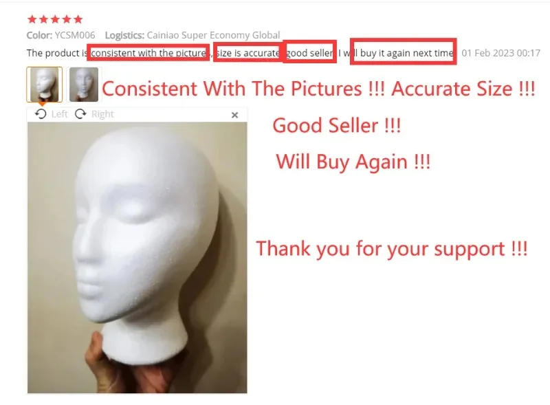 Description Picture 6 of item1Pcs Female Styrofoam Foam Mannequin Manikin Head Hat Glasses Display Foam Mannequin Head Model Hat Wig Display Stand Rack Tools