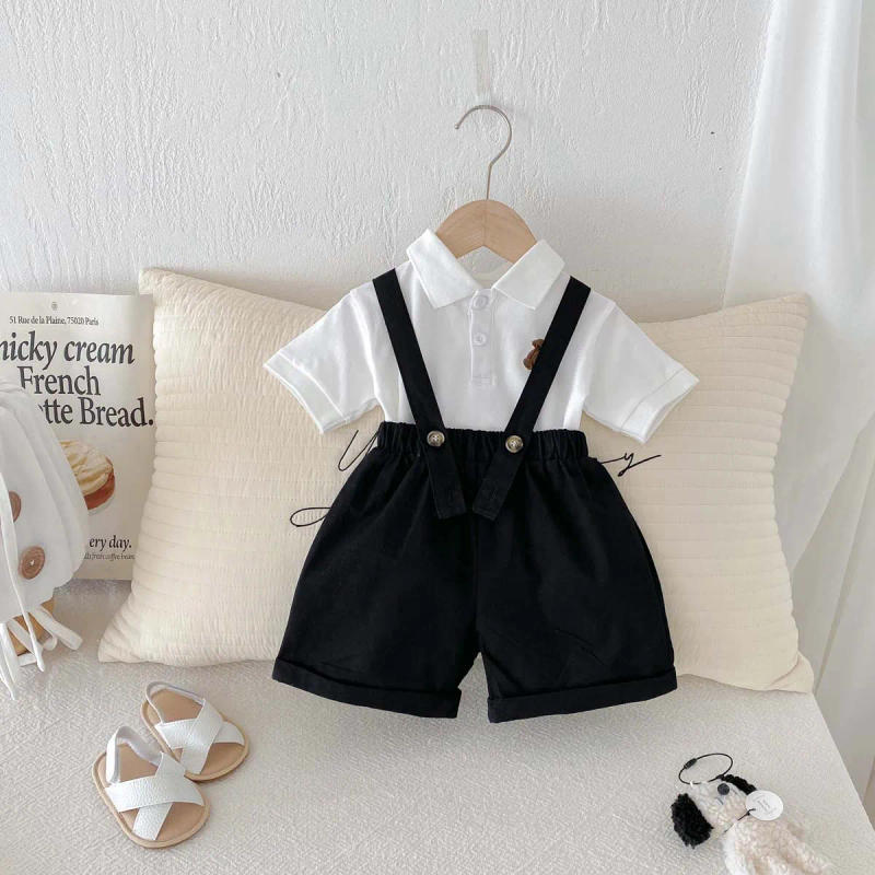 Description Picture 4 of itemBoys' Summer New Polo Collar Top Black Strap Pants Set Infant Cartoon Gentleman Outing Two Piece Set