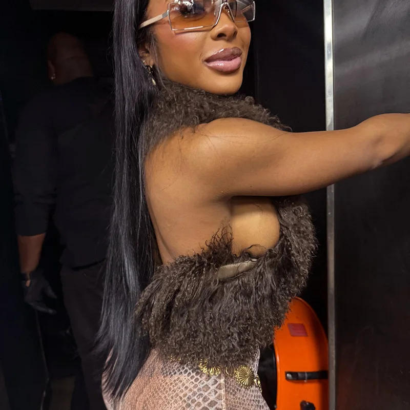 Description Picture 5 of itemFluffy Faux Fur Vests for Women Fashion Sexy V-neck Backless Lace-up Sleeveless Jackets Crop Top Warm Winter Tank Outerwear Coat