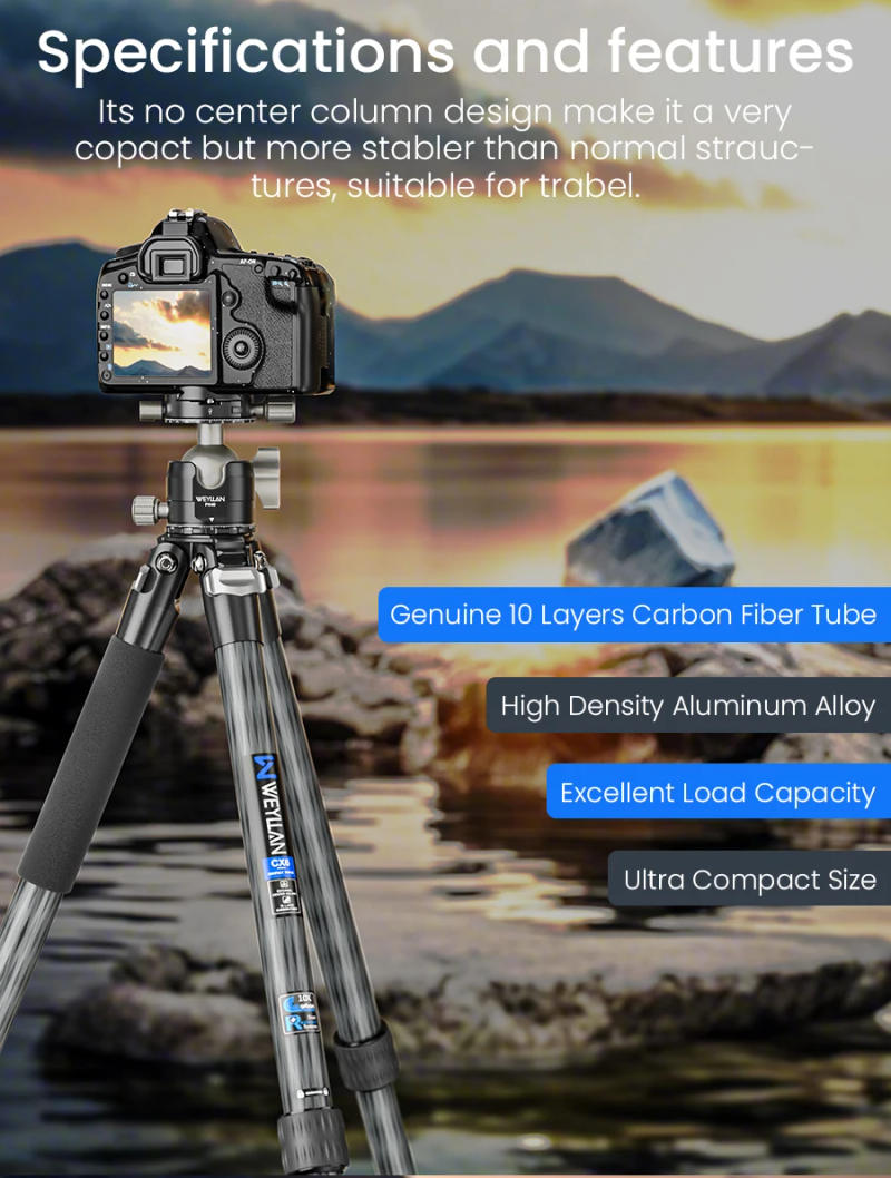 Description Picture 4 of itemCX6 Professional 10 Layers Carbon Fiber Tripod for DSLR Camera Heavy Duty 40mm Low Profile Ball Head Compact Structure 175cm