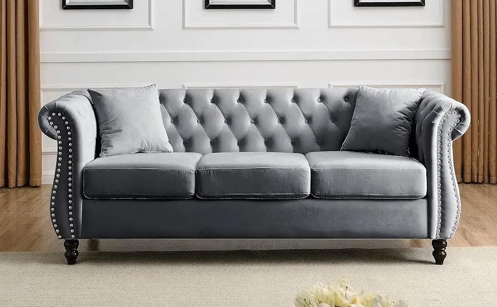 Description Picture 6 of item2 Piece Chesterfield Velvet Combination Sofa for Living Room,3-Seater and Loveseat Sofa Set Tufted Couch with 4 Pillows