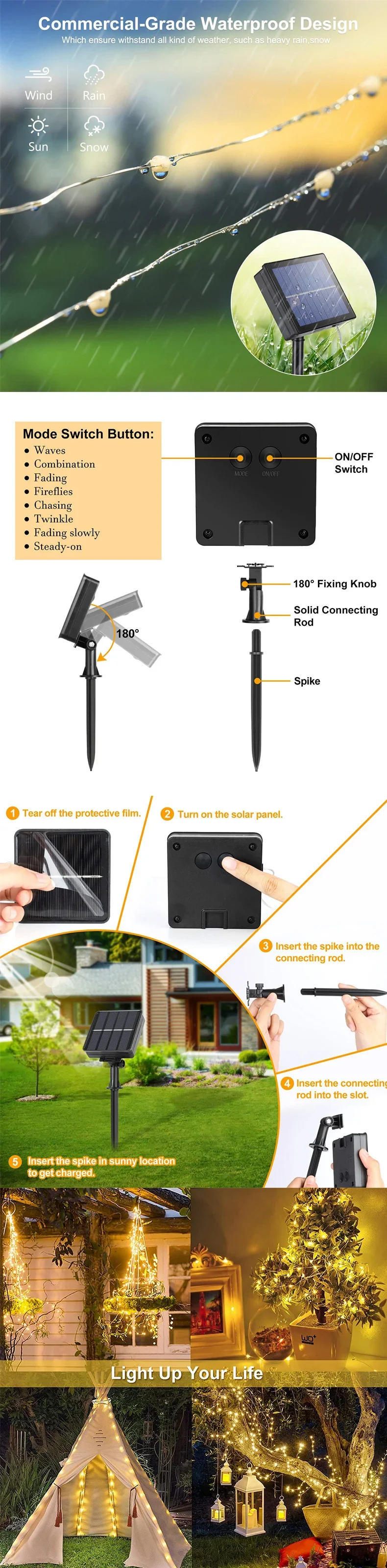 Description Picture 3 of item5M/20M/30M Solar LED Fairy Light Outdoor Waterproof Festoon Garland String Lights Christmas Party Garden Solar Lamp Decorations