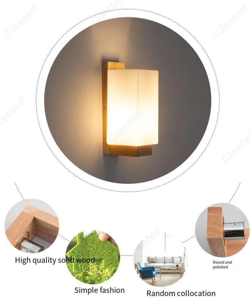 Description Picture 5 of itemCreative LED Wooden Wall Lamp E27 Glass Lampshade Bedroom Bedside Lamp Indoor Living Room Corridor Balcony Decorative Wall Lamp