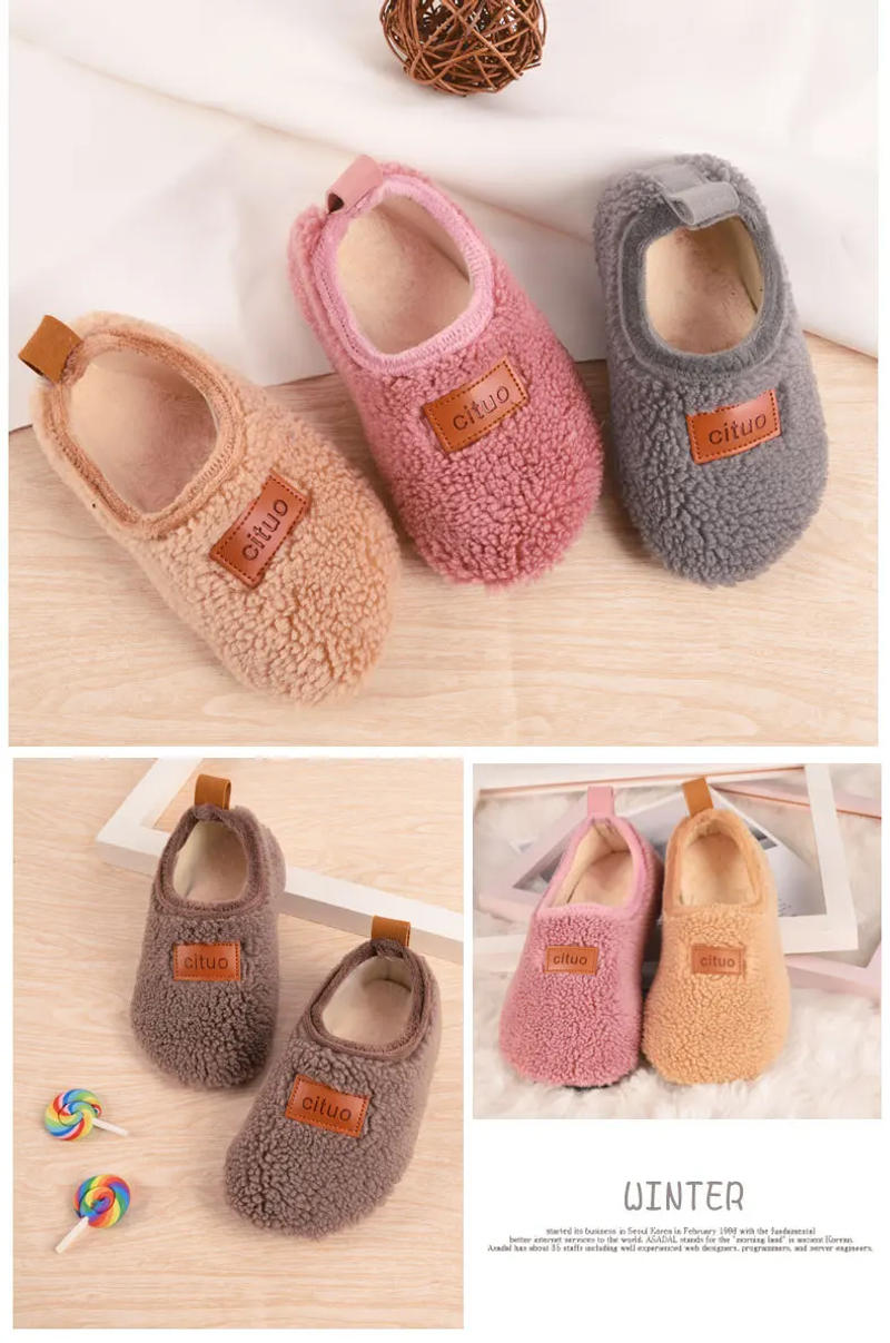 Description Picture 2 of itemChildren Cotton Slippers Solid Warm Kids Winter Home Shoes Boys Girls Plush Floor Shoes Indoor Soft Sole Anti-slip Cotton Shoes