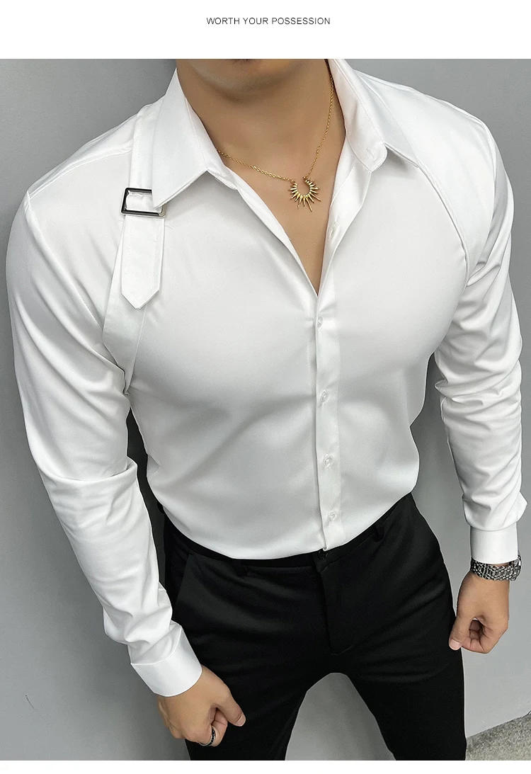 Description Picture 4 of item2024 Fashion Shoulder Strap Splicing Metal Button Design Shirts Men Social Tuxedo Dress Shirt Men Slim Fit Long Sleeve Shirt