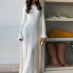 Women Elegant Ruffles Backless Knitted Dress Fashion O-neck Flare Sleeve Maxi Dresses 2025 Spring New Lady High Street Vestidos
