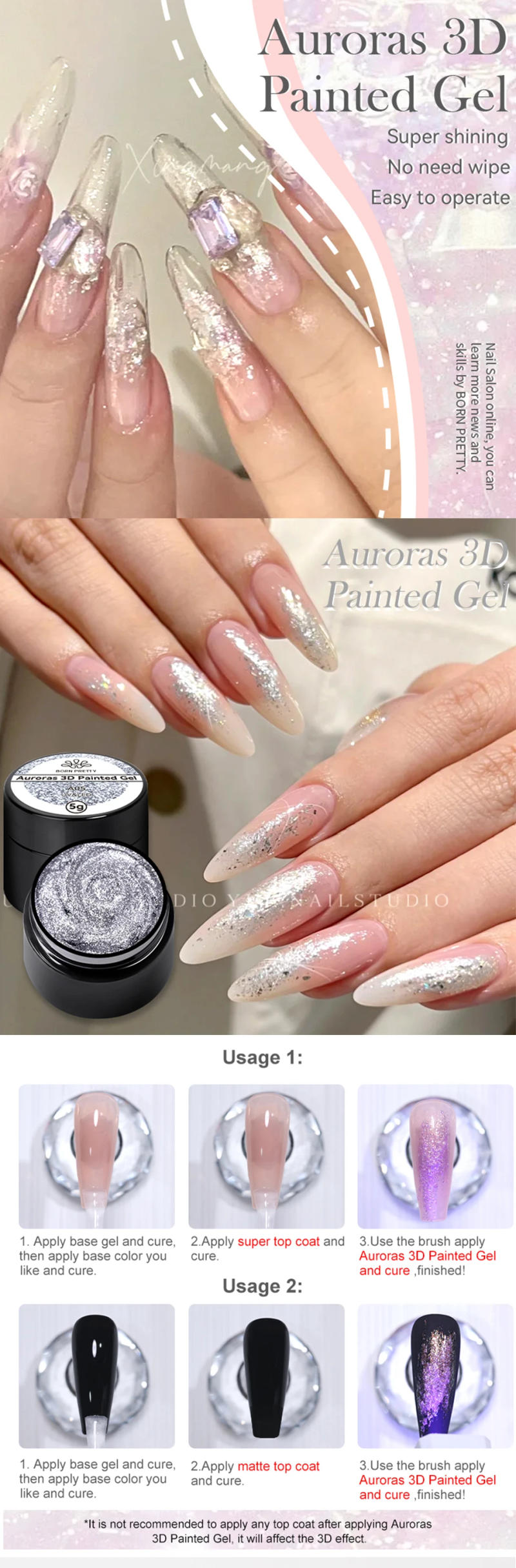 Description Picture 6 of itemBORN PRETTY 5ml Auroras 3D Painting Gel Nail Polish Spaking Glitter Super Shining Soak Off UV LED Nail Art Varnish Manicure