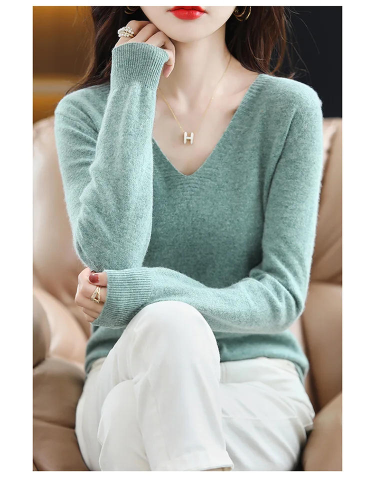 Description Picture 5 of itemWomen Sweater 2024 Spring Autumn Warm Winter Slim Fit Bottoming Shirt  V-neck Korean Knitted Tops Casual High Strecth Jumpers