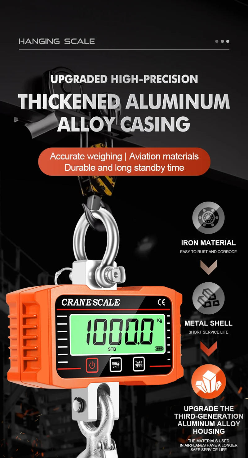 Description Picture 2 of item1500KG Digital LCD Crane Scale 500kg/1T High Load Industrial Heavy Duty Alloy Hook Lock Weighing Balance N/lb/kg Hanging Scales