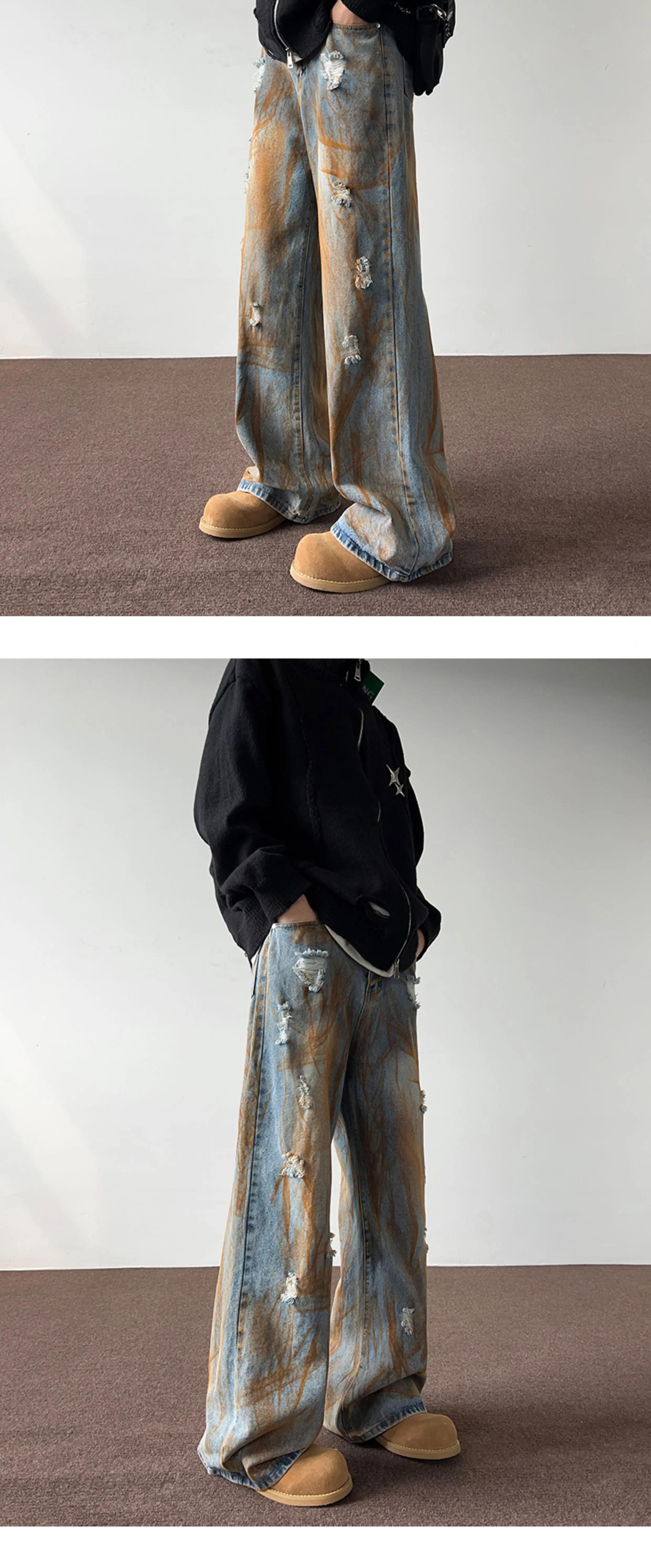 Description Picture 5 of itemAmerican Retro Washed Distressed Jeans Men's High Street Loose Casual Personalized Draped Floor-Mopping Pants Male Clothes