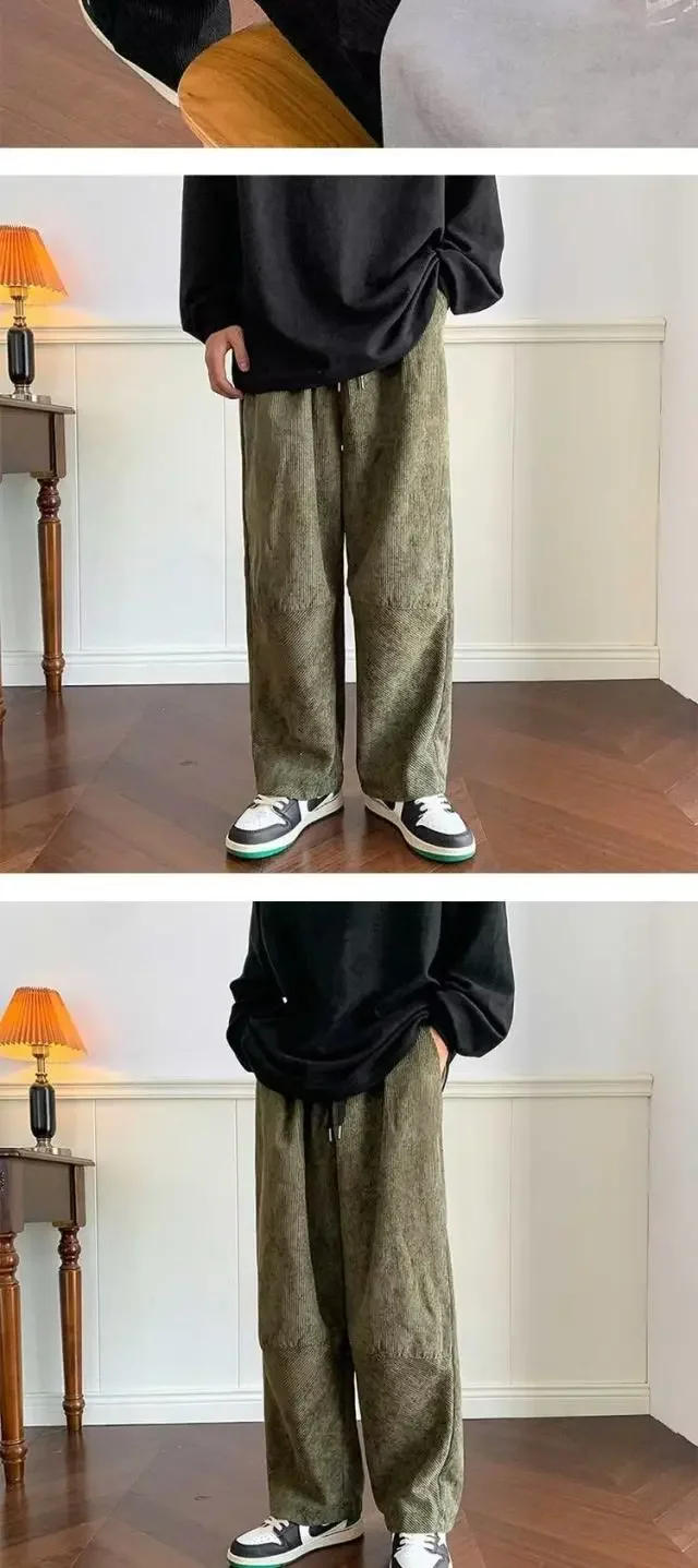 Description Picture 6 of itemCorduroy Men's Casual Pants Drawstring Solid Straight Trousers High Street Loose Fashion Korean Style Wide Leg Sweatpants