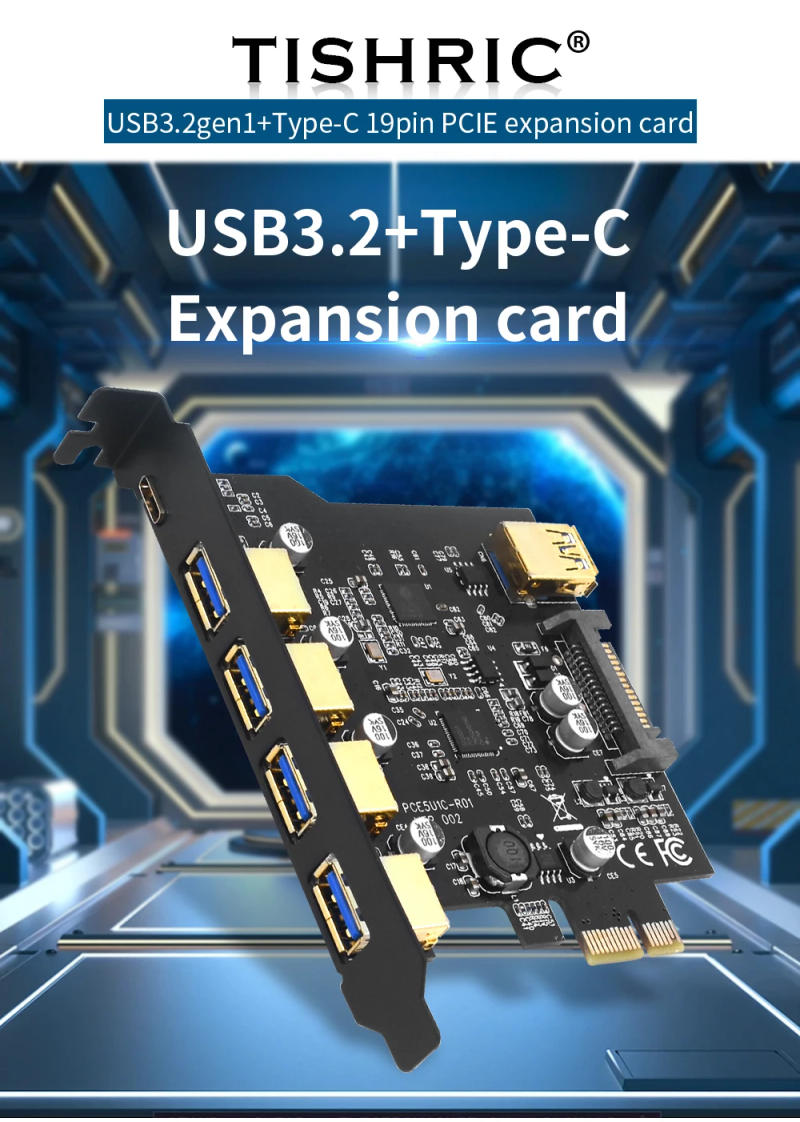 Description Picture 3 of itemTISHRIC USB 3.2 PCIE Expansion Card PCIE 1X To USB 3.2 19in TYPE-C USB 3.2 Gen1 Adapter Multiplier USB3.2 PCI E Controller 5Gbps
