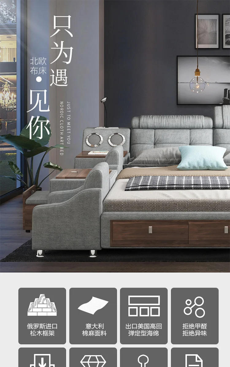 Description Picture 2 of itemUpholstery Nordic Bed Bases Headboard Glamorous Full Size Twin Bed Frame Safe Multifunctional Cama Box Casal Home Furniture