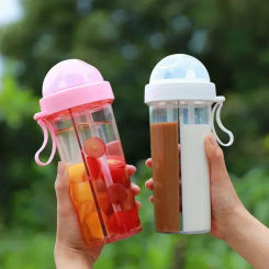 420/600ml Double Drinking Bottle Cute Girl Student Outdoor Double Straw Cup with Handle Portable Plastic Water Bottle