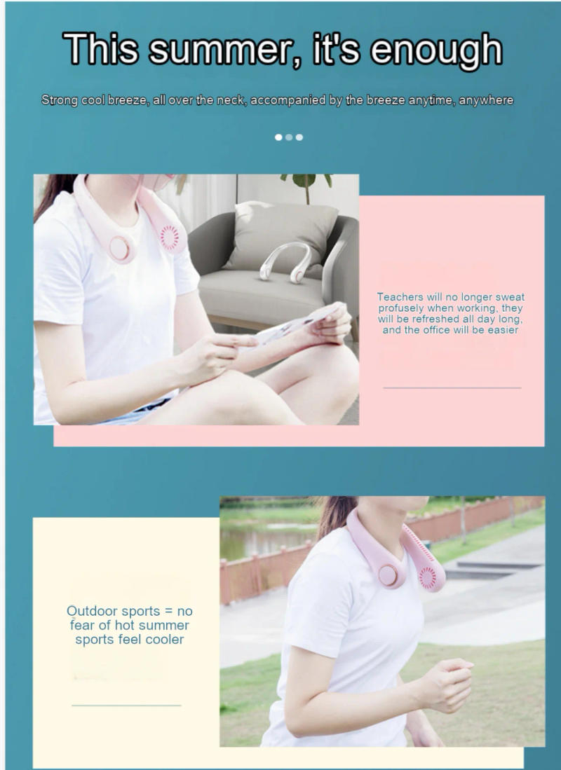 Description Picture 2 of item2024 New Mini Portable Hanging Neck Fan Rechargeable Bladeless Turbo Ultra Quiet Student Hand Held Fan Outdoor Sports Travel