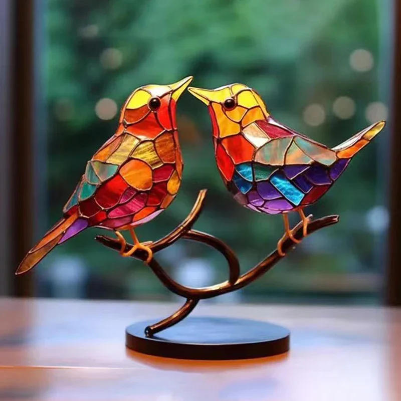 Description Picture 3 of item2/3/5 Multicolor Birds Stained Acrylic Birds on Branch Desktop Ornaments Double Sided Multicolor Style Craft Statue Ornaments
