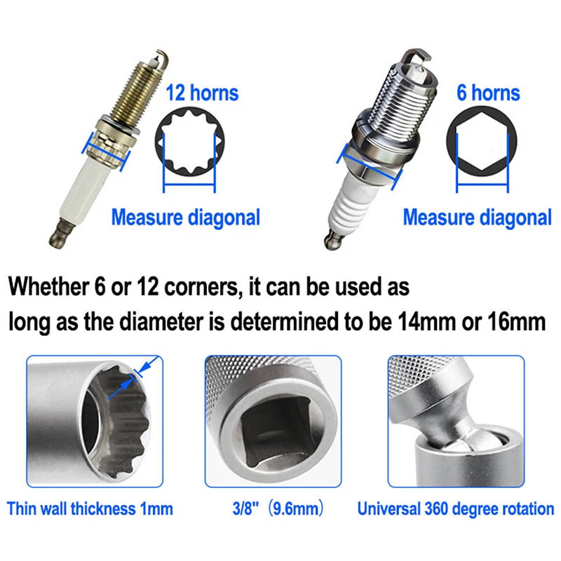 Description Picture 3 of itemSpark Plug Socket Wrench Adapter 14mm16mm Set Universal Joint with Magnetic Flexible Socket Thin Wall 3/8" Drive Car Repair Tool