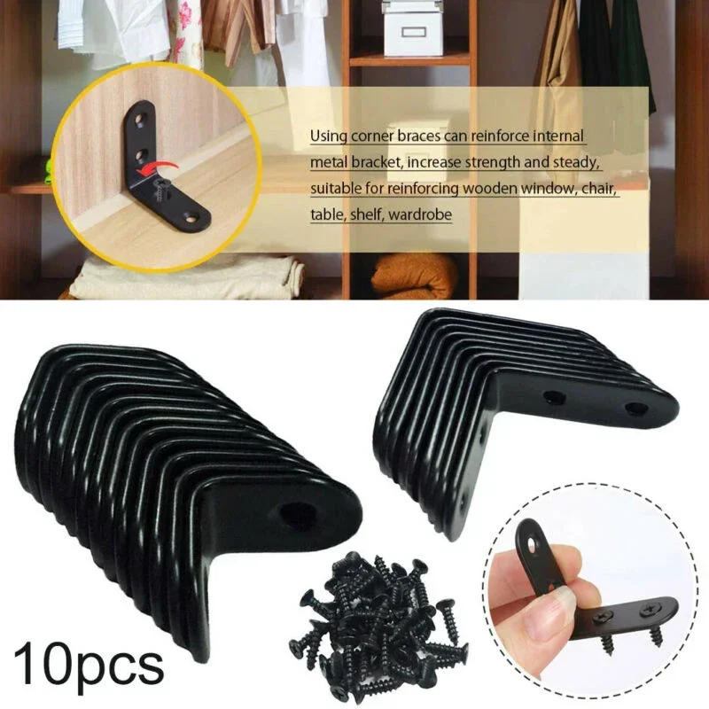 Description Picture 2 of item10pcs Black L-Shaped Brackets Stainless Steel Right Angle Bracket Support Iron Wardrobes Cabinet Joint Furniture Hardware