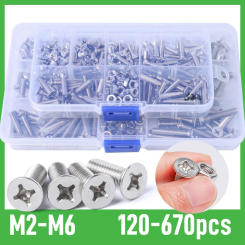 120/670 Pcs Flat Head Phillips Drive Screws Assortment Kit M2/M2.5/M3/M4/M5/M6 Countersunk 304 Stainless Machine Screw Nuts Case