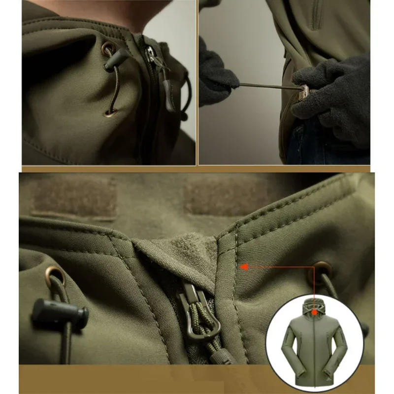 Description Picture 3 of itemCamo Hooded Fleece Tactical Set Mens New Waterproof Thick Shark Skin Soft Shell Jackets Male Warm Multi-pocket Hiking Pants