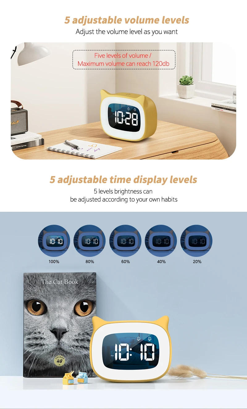 Description Picture 6 of itemDigital LED Music Wake Up Alarm Clock Ambient Night Light Home Desktop Decoration Cute Cat Model 18 Ringtones USB Snooze Clocks