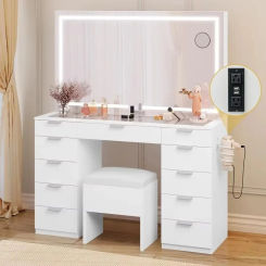 Makeup Vanity Desk Set ，with Mirror, Glass Tabletop, 11 Drawers, Power Strip, Hair Dryer Rack, and Storage Stool for Bedroom