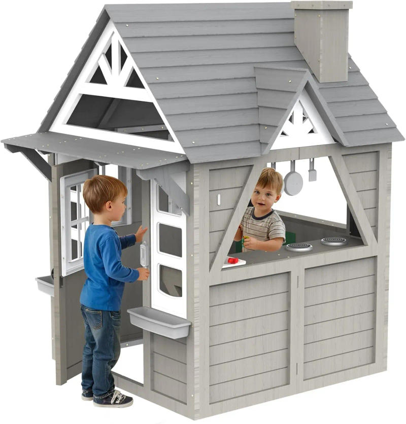 Description Picture 3 of itemKids Playhouse, Indoor and Outdoor Playset, Cedar Modern Gray Wooden Play House for Kids Ages 4-8, Kitchen with Spatulas