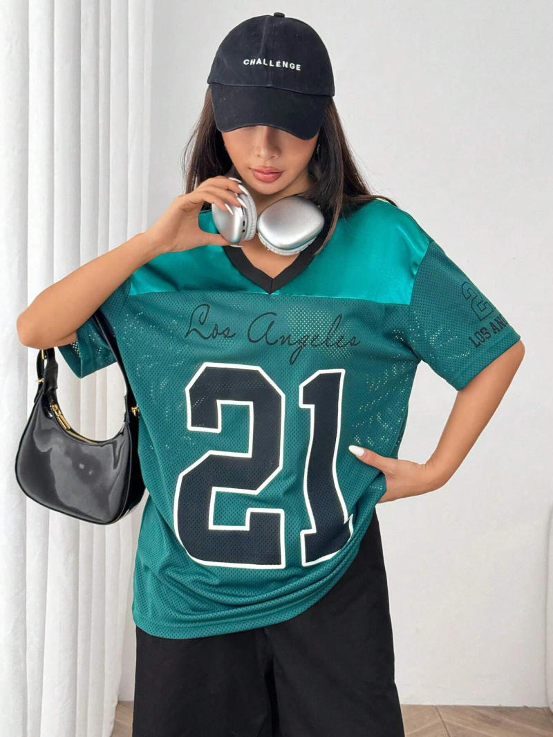 Description Picture 6 of itemPink V-neck Fashionable Casual Short Sleeved T-shirt Women Summer Quick Drying Breathable Sportswear Oversized Top Clothing