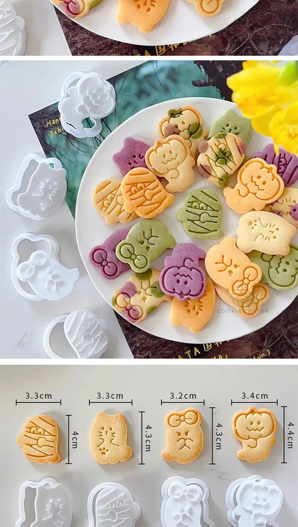 Description Picture 3 of item4Pcs/Set Halloween Baking Accessories Ghost Shape Biscuit Mold Cookie Cutters And Stamps DIY Party Dessert Decoration Tools