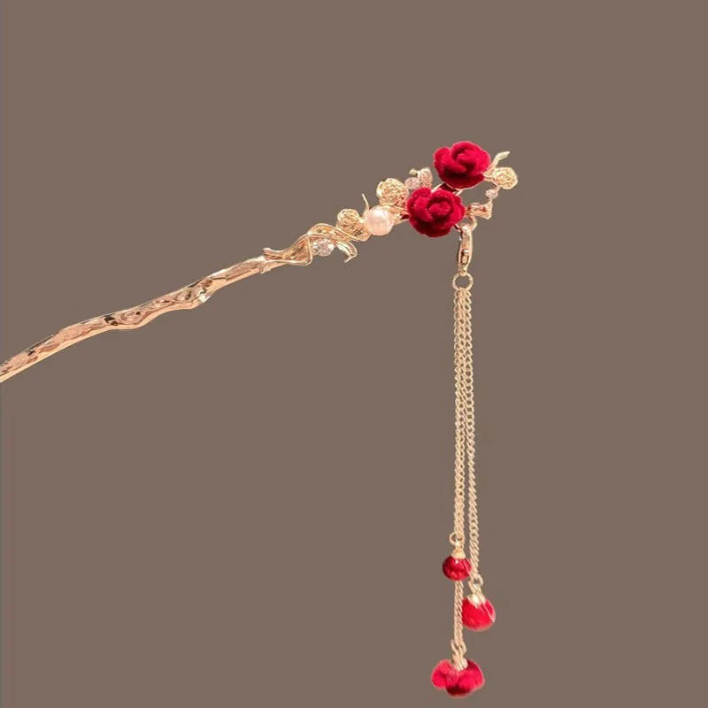 Description Picture 4 of itemVintage Chinese Style Hanfu Hair Stick Flocking Rose Tassel Hairpin Metal Hair Fork Chopsticks Hairpin Jewelry Hair Accessories