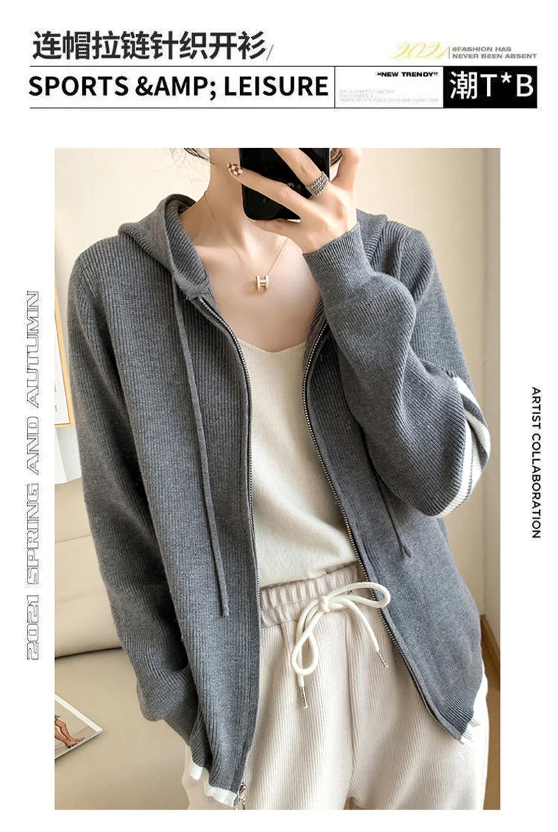 Description Picture 6 of itemWomen Cashmere Hooded Double Zip Cardigan Sweater Cardigan TB 2022 Knitted Spring Autumn New Fashion Top