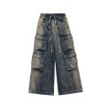 Popular RO Men's Pants Multi-pocket Design Washed Denim Drawstring Pants for Men Full Length Men's Clothing