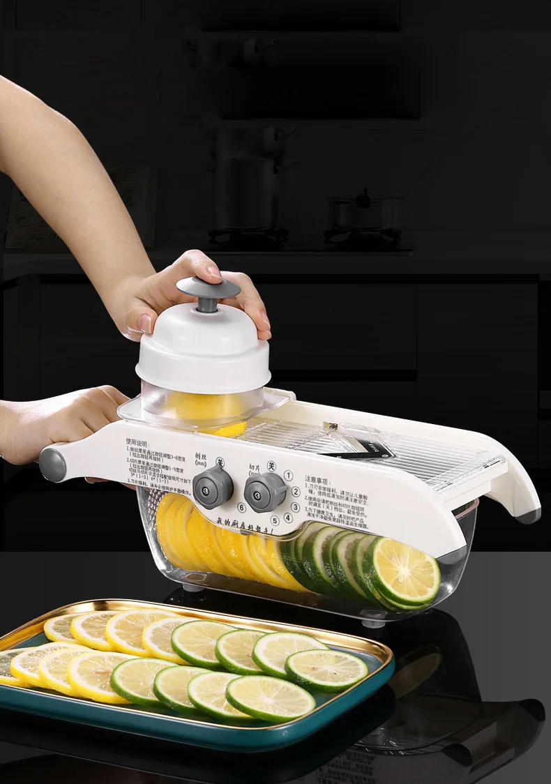 Description Picture 5 of itemMultifunctional  Lemon Slicer Vegetable Grater With Basket,V-blade Fruit Potato Chopper Carrot Cutter Slicer Kitchen Accessories