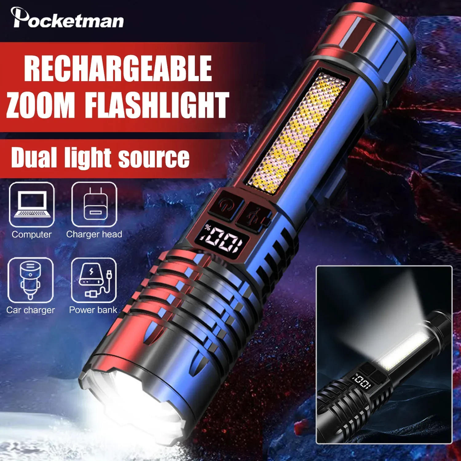 Description Picture 2 of itemHigh Lumen LED Flashlight 5 Modes Rechargeable Flashlights Built-in Battery Powered Torch with COB Side Lights