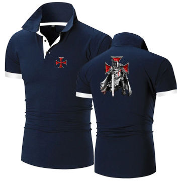 Knights Templar Men Summer New Stly Button Lapel Polo Shirt Solid Color Casual Slim Fit Printing Short Sleeve Business Tops
