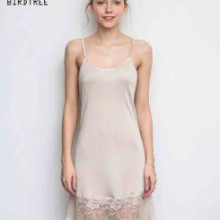 Birdtree Women Full Slips Knitted 30% Natural Silk and Lace Bottom Anti Emptied Slip Dress Nude Black White Bottoming P37124QC