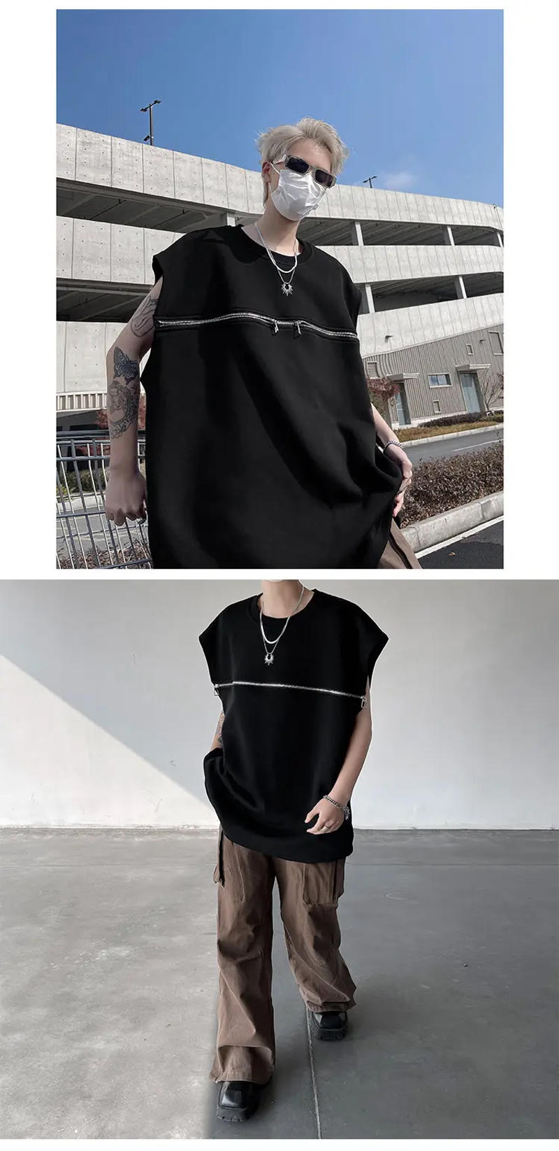 Description Picture 3 of itemFEWQ American Zipper Design Sleeveless Men Top Loose Shoulder T-shirt Vest 2024 Sleeveless New Fashion Summer 24X8327