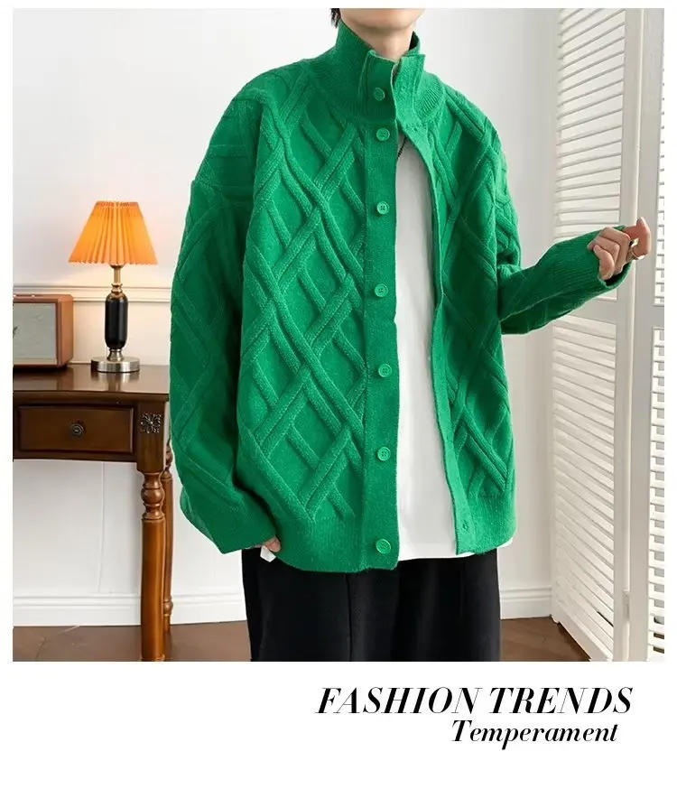 Description Picture 4 of itemWinter Check Pattern Stand Collar Knitted Cardigan Couple Loose Casual High Street Sweater Jackets Men Tops Male Clothes