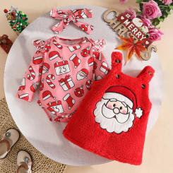 Baby Girls Boys Christmas Outfit Sets 0-18M Plush Overall Dress and Long Sleeve Onesie and Headband Santa Print Festive Costume