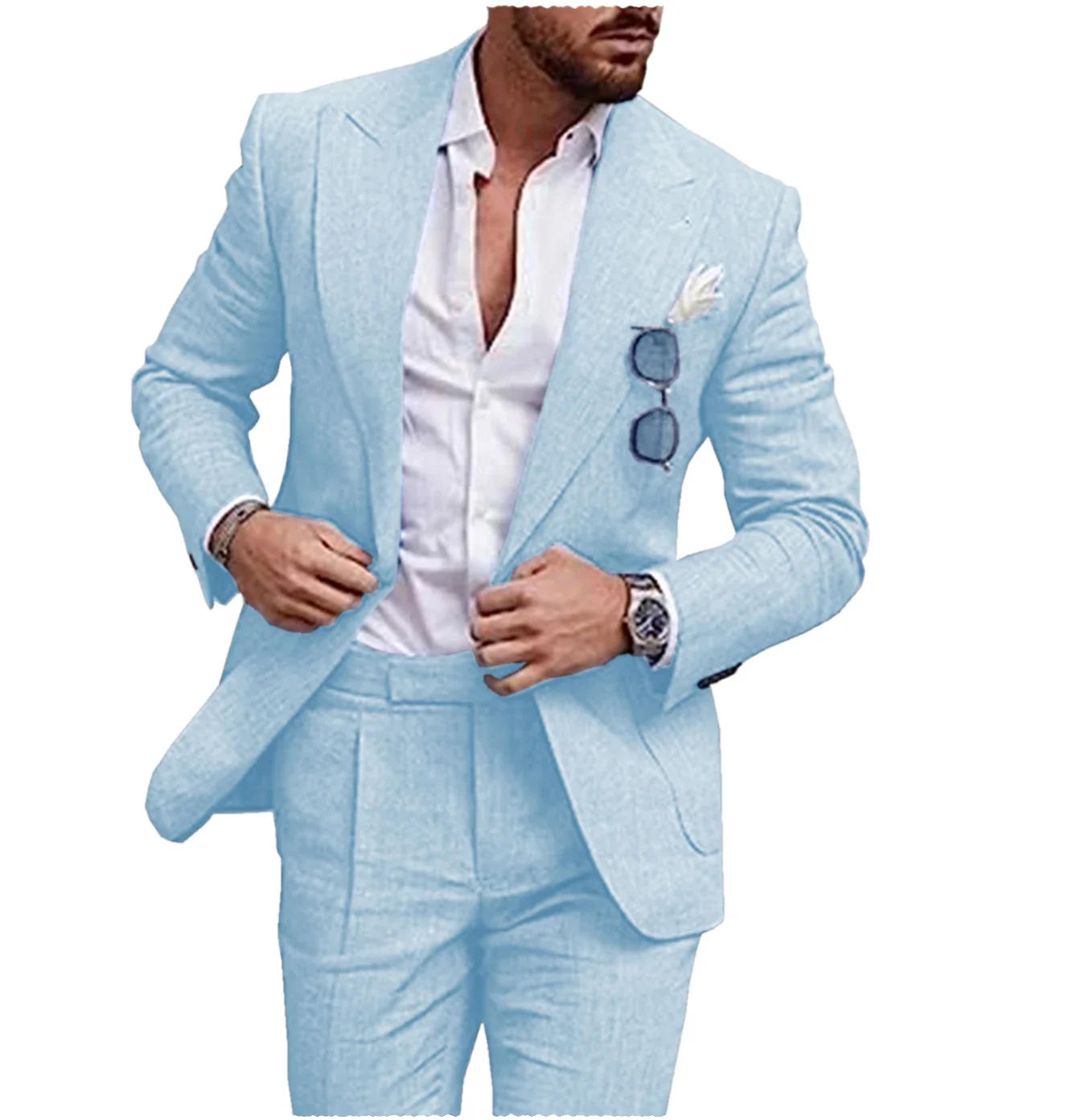 Description Picture 6 of itemHigh-quality Summer Linen Solid Color Men's 2 Pieces (Jacket+Pants) Regular Fit Casual Fashion Set